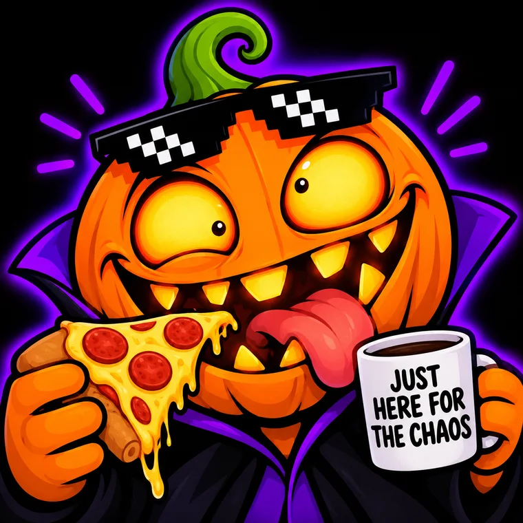 CrazyWeen in pixel sunglasses, eating pizza and holding a mug that says Just here for the chaos